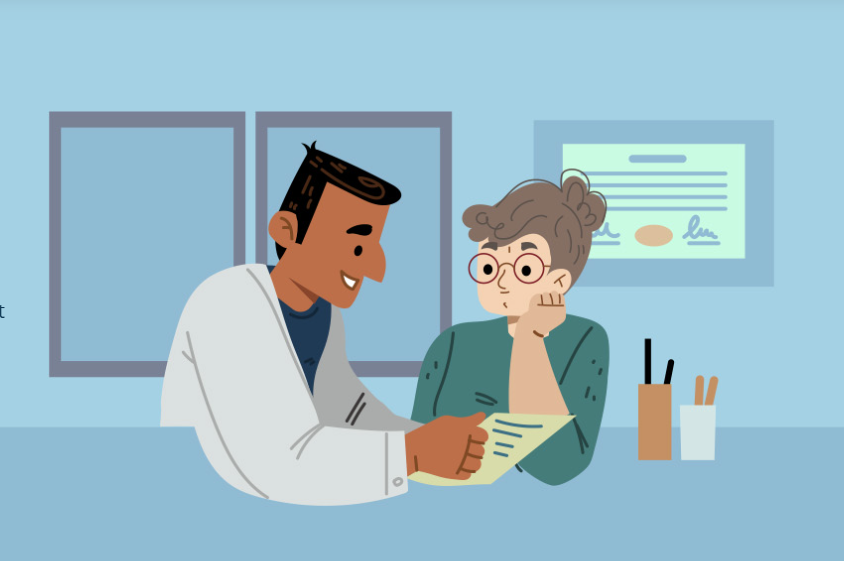 An Ophthalmologist taking to a patient